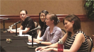 Panelists K. Nicole Meyer (University of South Alabama), Kaitlin Woo (Memorial Sloan Kettering Cancer Center), Maria Terres (Duke University), and Samantha Tyner (Iowa State University) share their graduate school experiences with the audience.