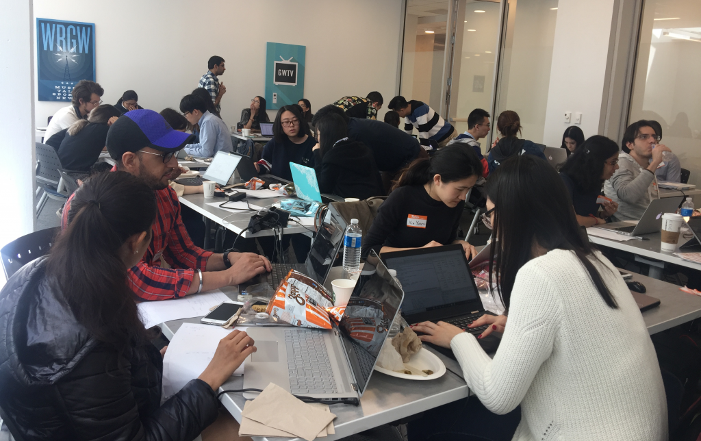 Students participate in a hackathon at The George Washington University, Washington DC, April 28, 2018.