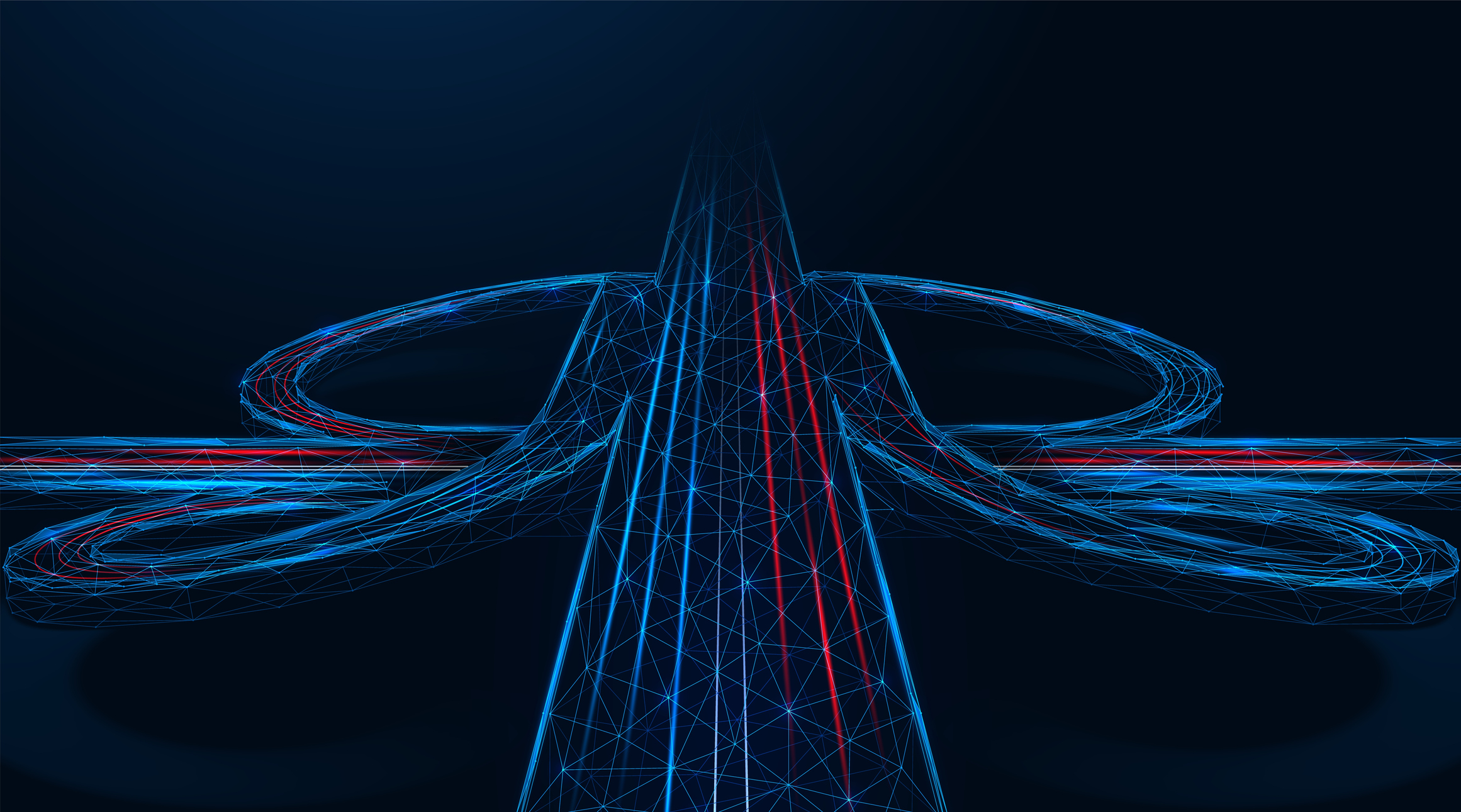 A road junction, an unobstructed intersection of two roads. Expressway, the effect of car headlights at night. Polygonal construction of lines and points. Blue background.