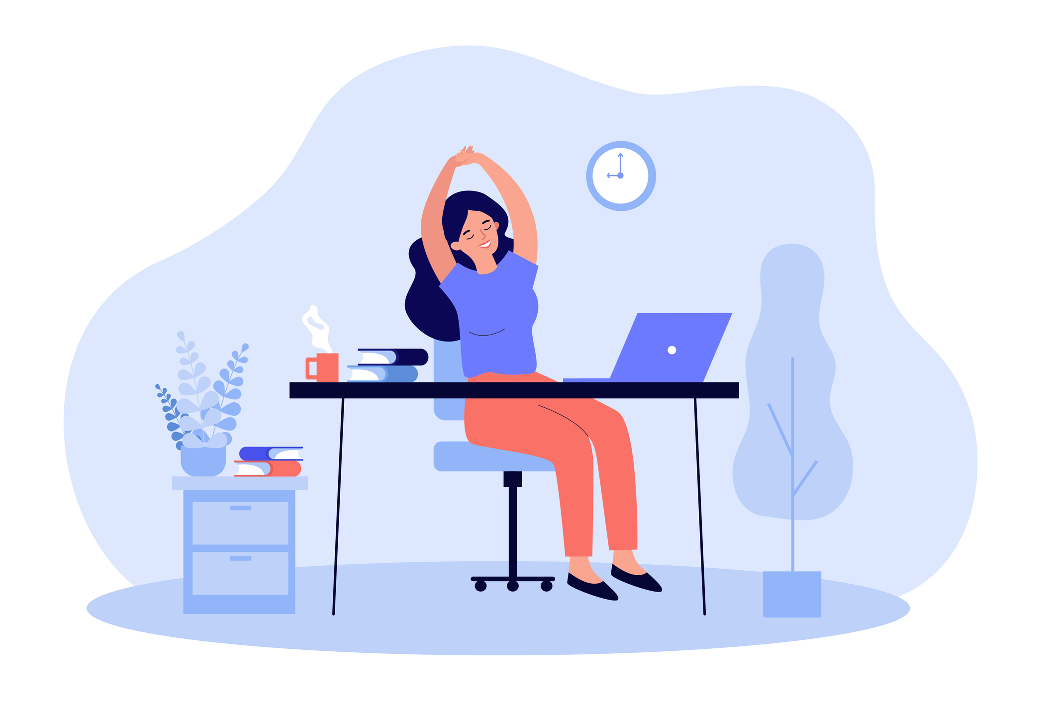 Happy young woman relaxing at workplace in office. Female employee sitting at desk with laptop and stretching during coffee break. Remote work, rest, job concept