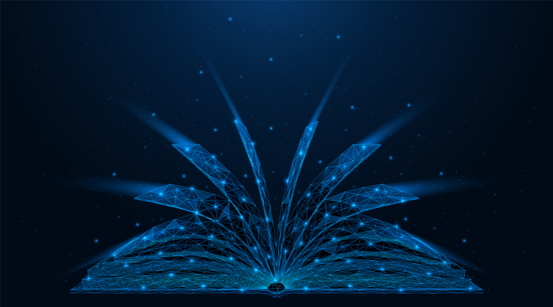 An open book. Polygonal construction of lines and points. Blue background.