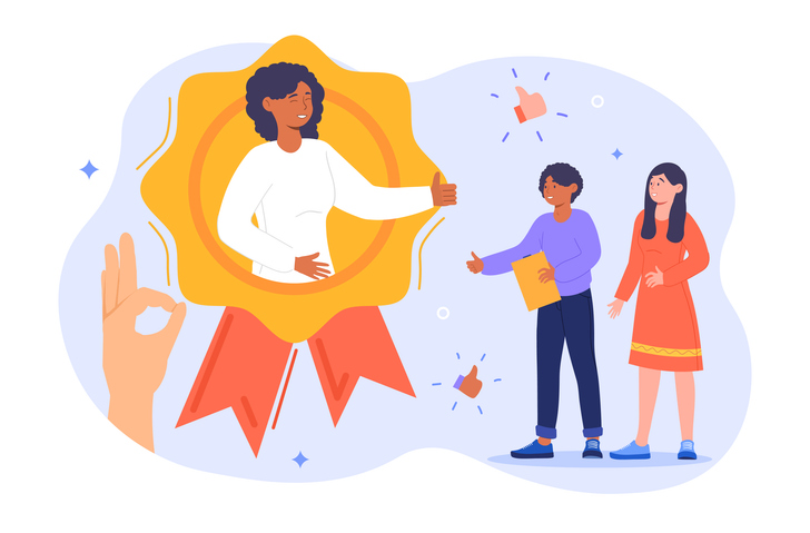 Recognition concept. The best specialist in the opinion of the team and the authorities. Rewarding an employee for good results. Cartoon flat vector illustration isolated on a white background