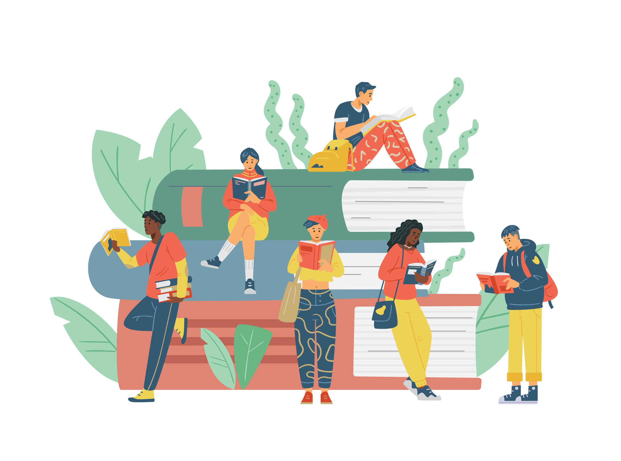 Group of high school kids study together. Student reader vector illustration. Diversity ethnicities children sit and stand, read books together vector concept.