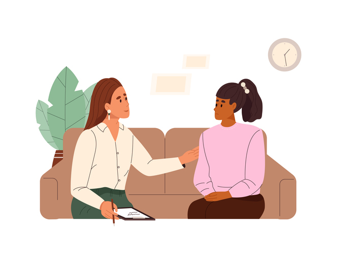 Woman talking to sad teenager girl in office. Teen schoolgirl on private psychotherapy session. Psychological help, support for adolescents in difficult life situations. Flat vector illustration