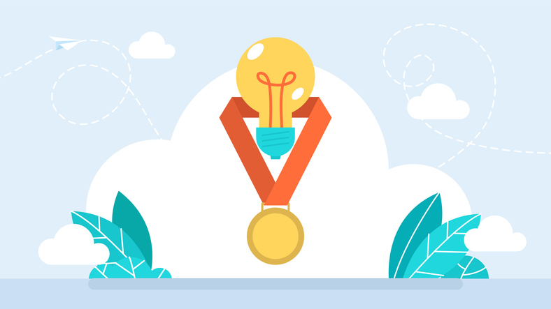 A winning idea. Success. Gold medal for the best idea. The highest award for creative thinking. Golden medal on a red ribbon. Light bulb as a symbol of thought. Successful concept. Vector illustration