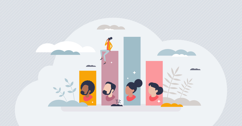 Polling results with different candidates percentage bars tiny person concept. Social government choice in democratic election with referendum voting for parliament or president vector illustration.