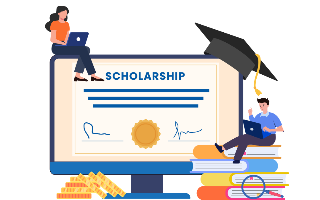 Illustrated images of students sitting on a computer that is wearing a graduation cap