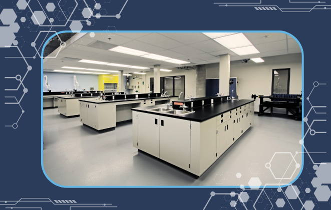 High school science lab in a frame with hexagons