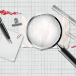 Ruler, magnifying glass, paper clip, papers, and pen on a graph paper background