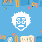 School supplies on a blue background with an icon of a man who looks like Albert Einstein, with bushy hair, glasses, and a mustache