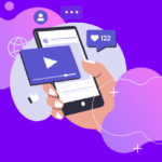 A hand holds a smartphone with images representing comments and videos over it.