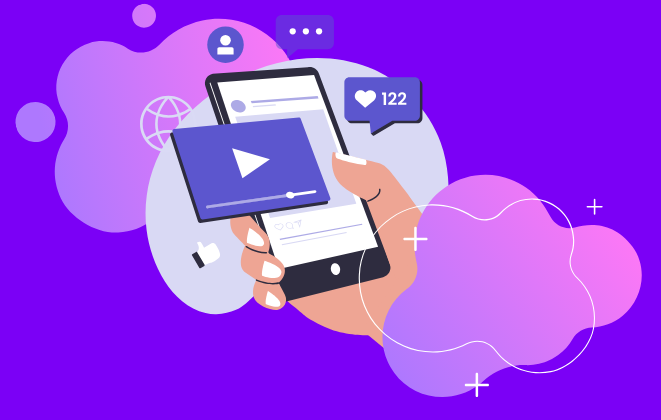 A hand holds a smartphone with images representing comments and videos over it.