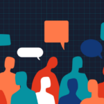 Colorful silhouettes of people with speech bubbles overhead