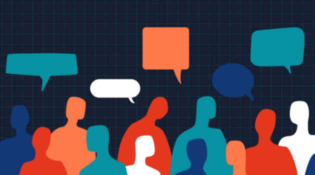 Colorful silhouettes of people with speech bubbles overhead