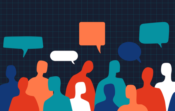 Colorful silhouettes of people with speech bubbles overhead
