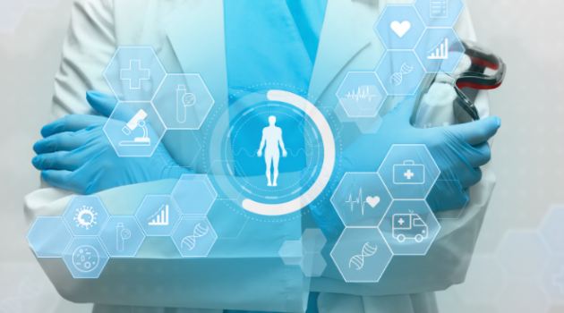 A woman in a blue-tinged lab coat, a blue shirt, and blue gloves holds safety goggles behind a translucent image of hexagons with healthcare symbols in them