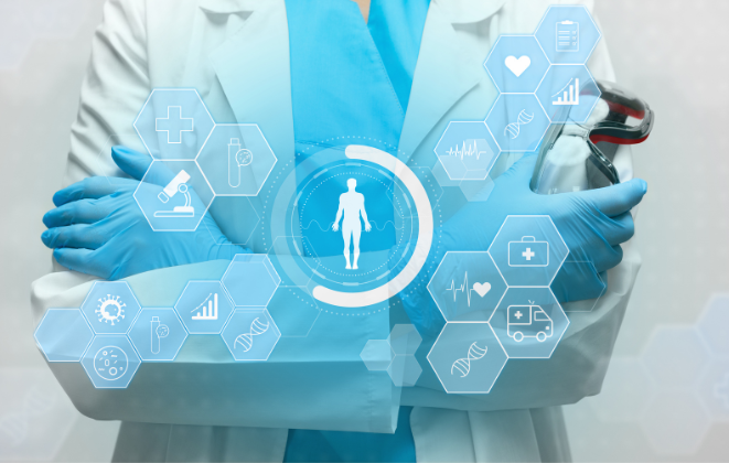 A woman in a blue-tinged lab coat, a blue shirt, and blue gloves holds safety goggles behind a translucent image of hexagons with healthcare symbols in them