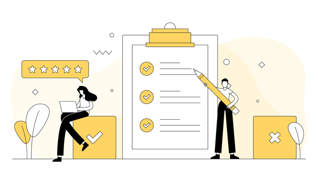 A graphical representation of people filling out surveys.