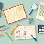 Notebooks, pens, calculator, and other writing and math tools
