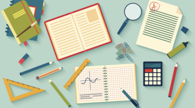 Notebooks, pens, calculator, and other writing and math tools