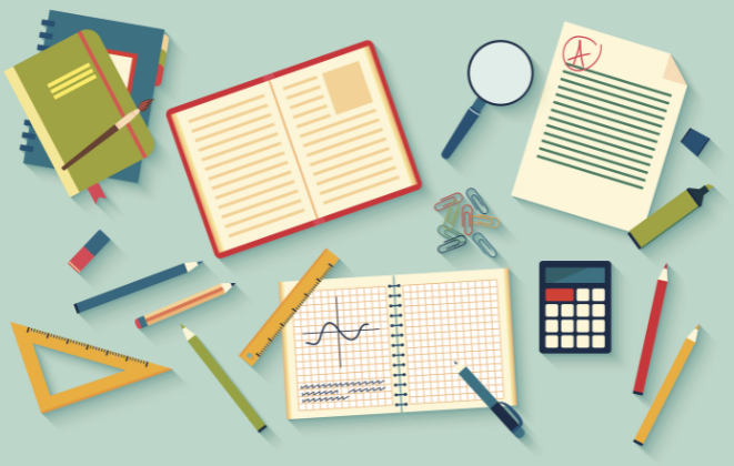 Notebooks, pens, calculator, and other writing and math tools