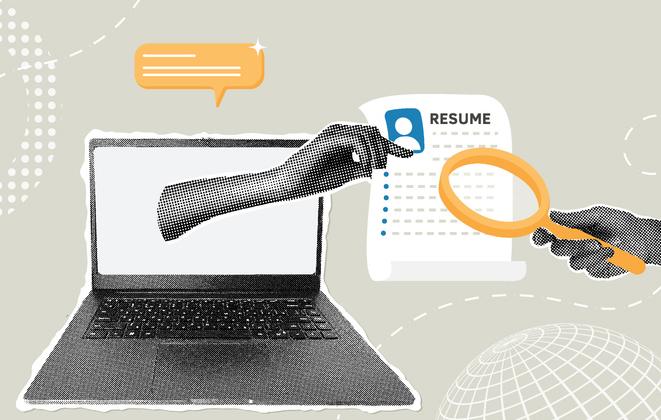 A graphic depicting a computer, a resume, and a magnifying glass.