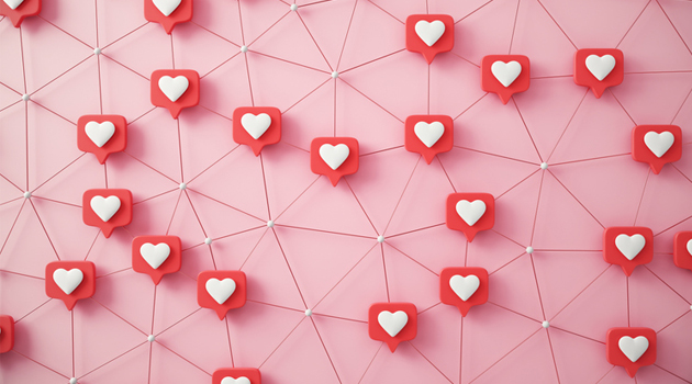 A graphic illustration of a network of hearts.