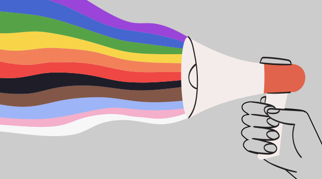 A megaphone with Pride flag colors streaming out of it.
