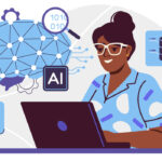 A woman uses a computer while surrounded by graphical representations of statistics and data science.