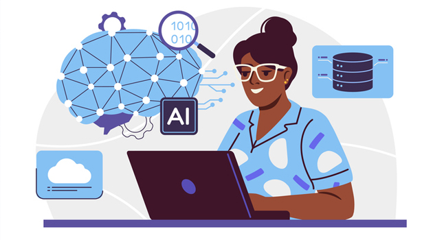 A woman uses a computer while surrounded by graphical representations of statistics and data science.