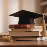 a mortar board sitting on top of a pile of books