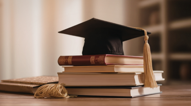 a mortar board sitting on top of a pile of books