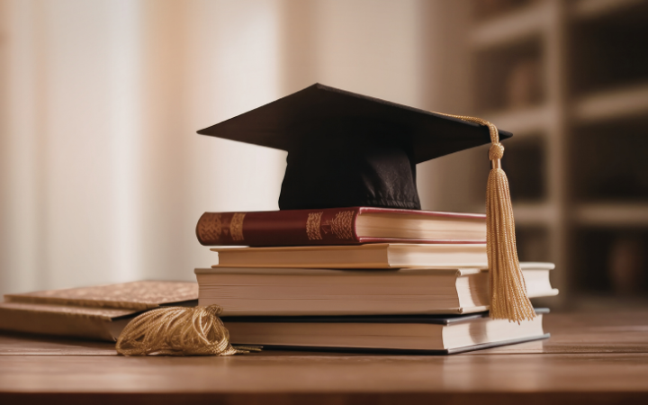 a mortar board sitting on top of a pile of books