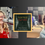 Two photos of two white women in recording studios with a logo between them reading "Normal Curves."