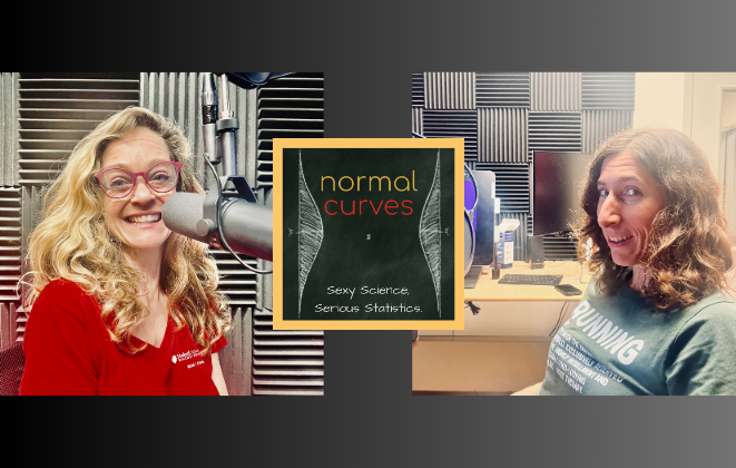 Two photos of two white women in recording studios with a logo between them reading "Normal Curves."