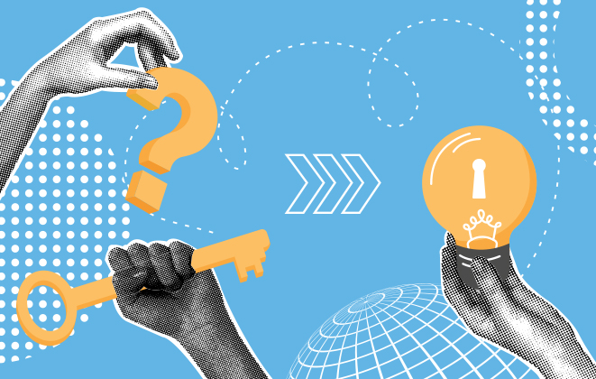 Hands holding a question mark, a key, and a lightbulb with a keyhole to represent unlocking ideas.
