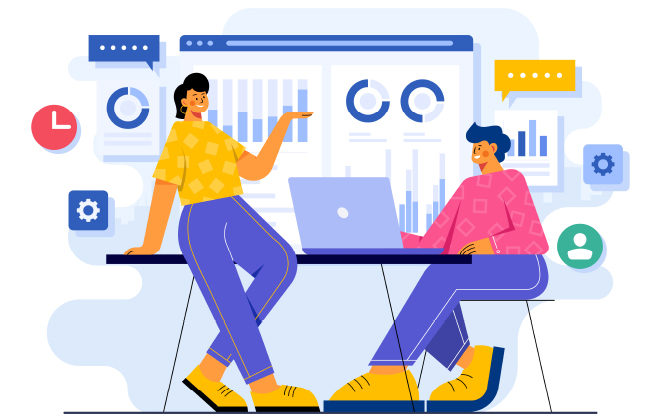 One person teaching another in front of data charts.