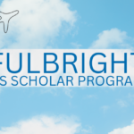 Blue sky with clouds and illustrated jets with the words "Fulbright US Scholar Program"