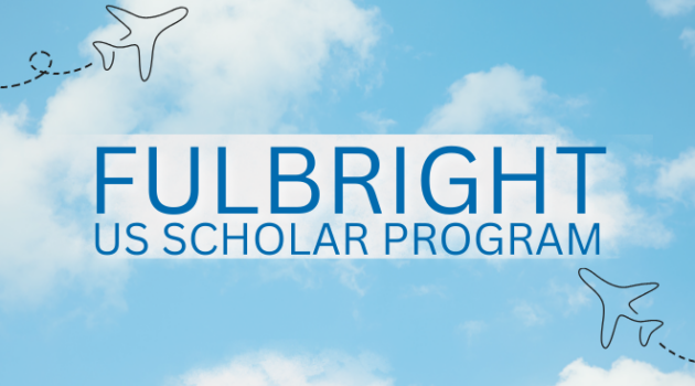 Blue sky with clouds and illustrated jets with the words "Fulbright US Scholar Program"
