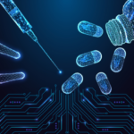 Digital medical syringe, capsules, and vial forming AI pharmaceutical concept over circuit. Neon glowing vector in blue cyber style.