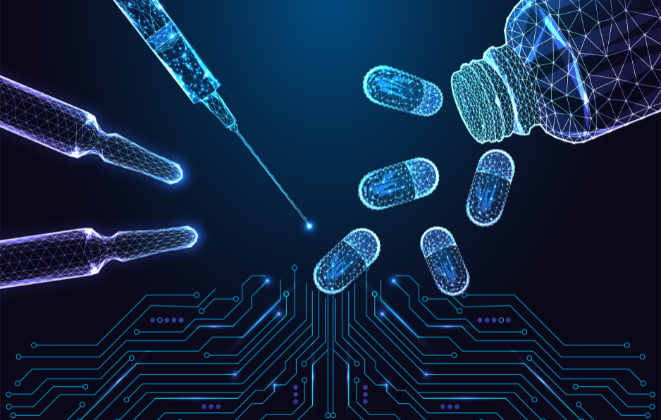 Digital medical syringe, capsules, and vial forming AI pharmaceutical concept over circuit. Neon glowing vector in blue cyber style.