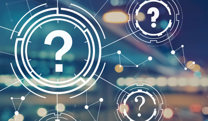 Question marks with an abstract tech background.